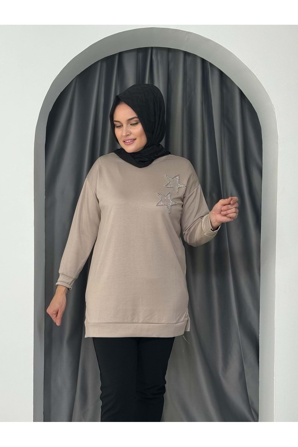 Yıldız Taş Detaylı Yırtmaçlı Oysho Tunik 744 - Vizon - L-XL - AZRA05028-Vizon-L-XL