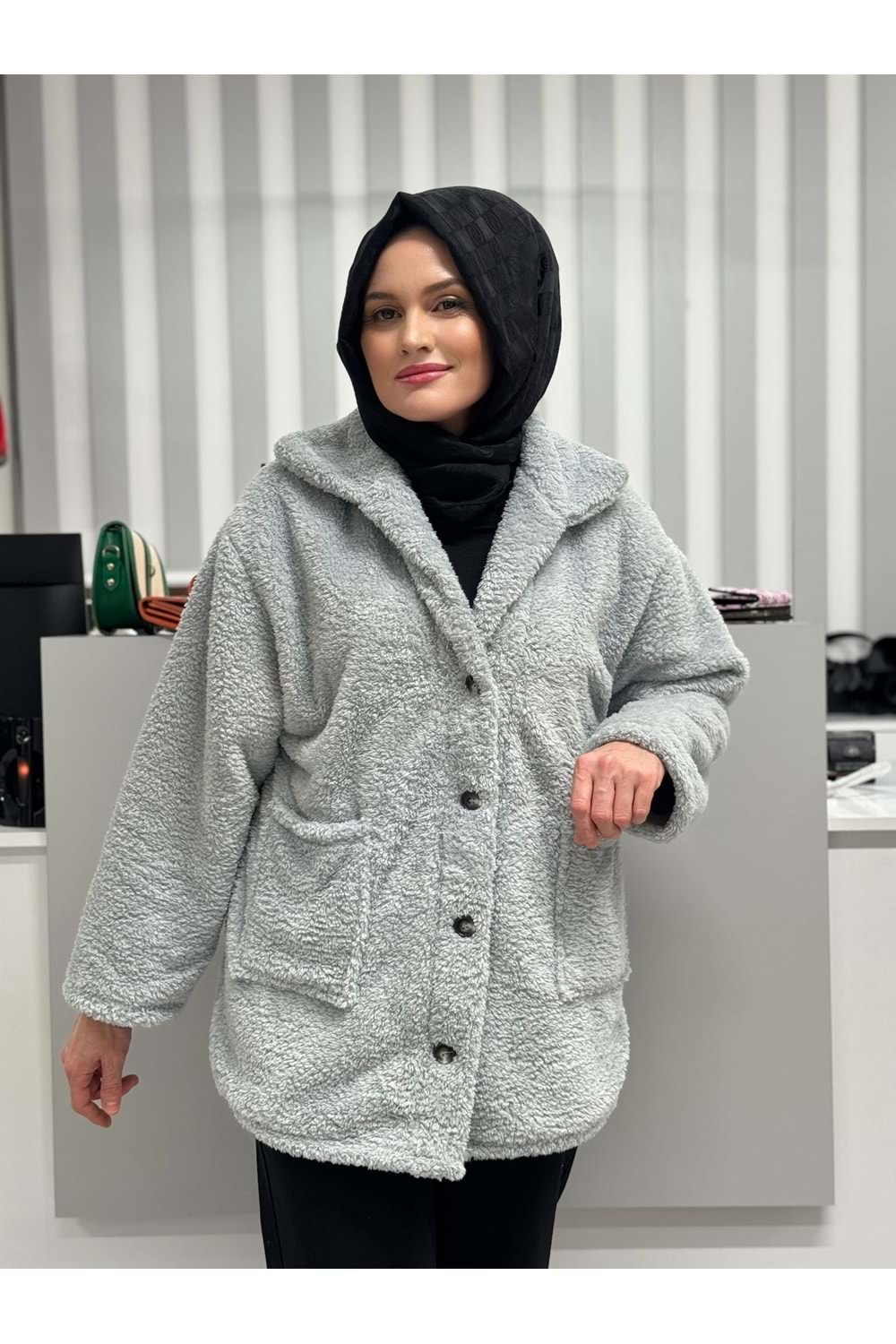 Düğmeli Büyük Cepli Welsoft Hırka 2774 - Gri - TEK BEDEN - AZRA05036-Gri-TEK BEDEN