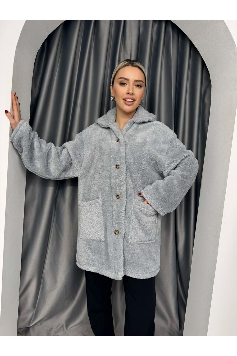 Düğmeli Büyük Cepli Welsoft Hırka 2774 - Gri - TEK BEDEN - AZRA05036-Gri-TEK BEDEN