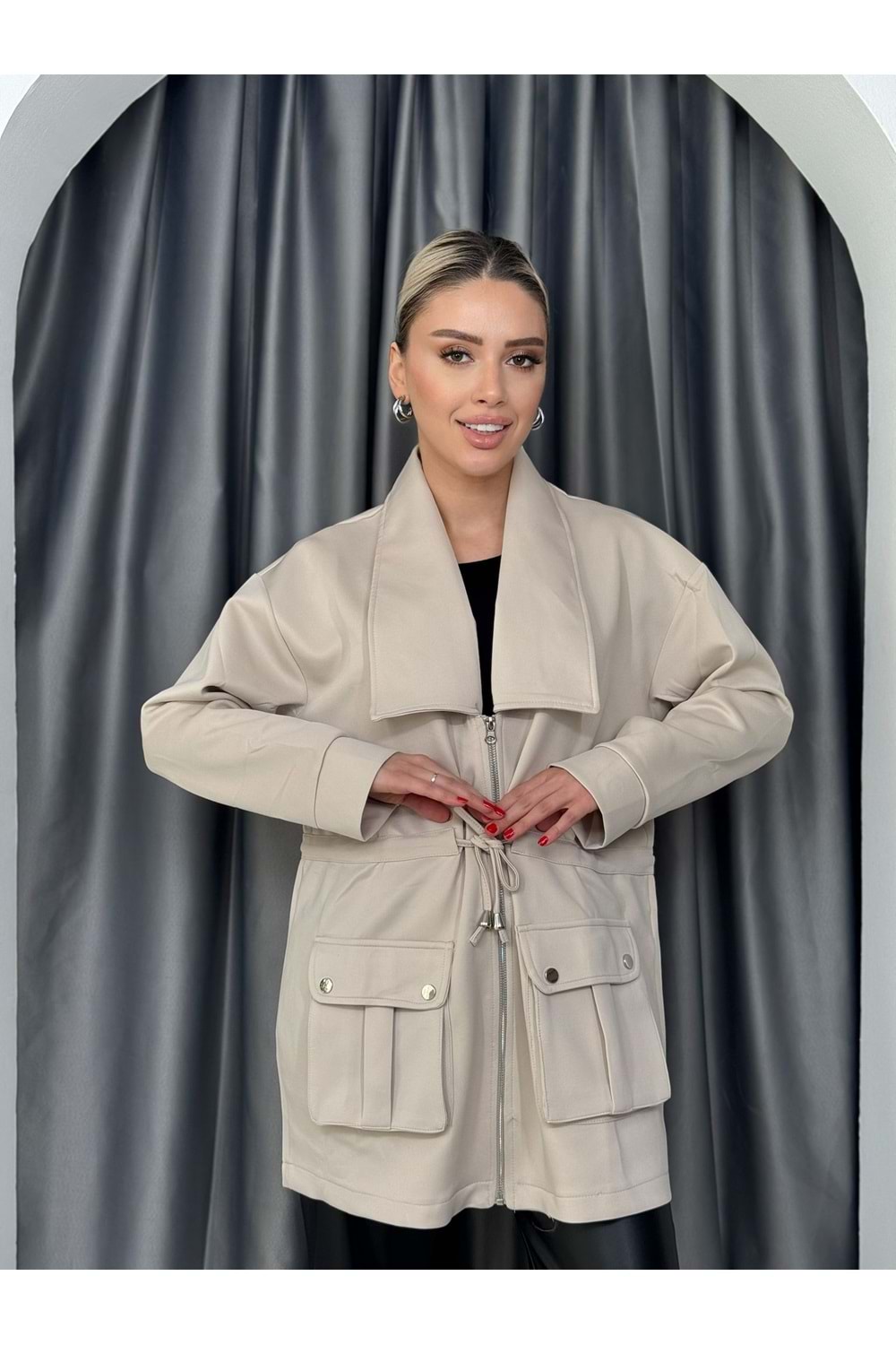 Cepli Oversize Kap 4301 - Bej - TEK BEDEN - AZRA05054-Bej-TEK BEDEN