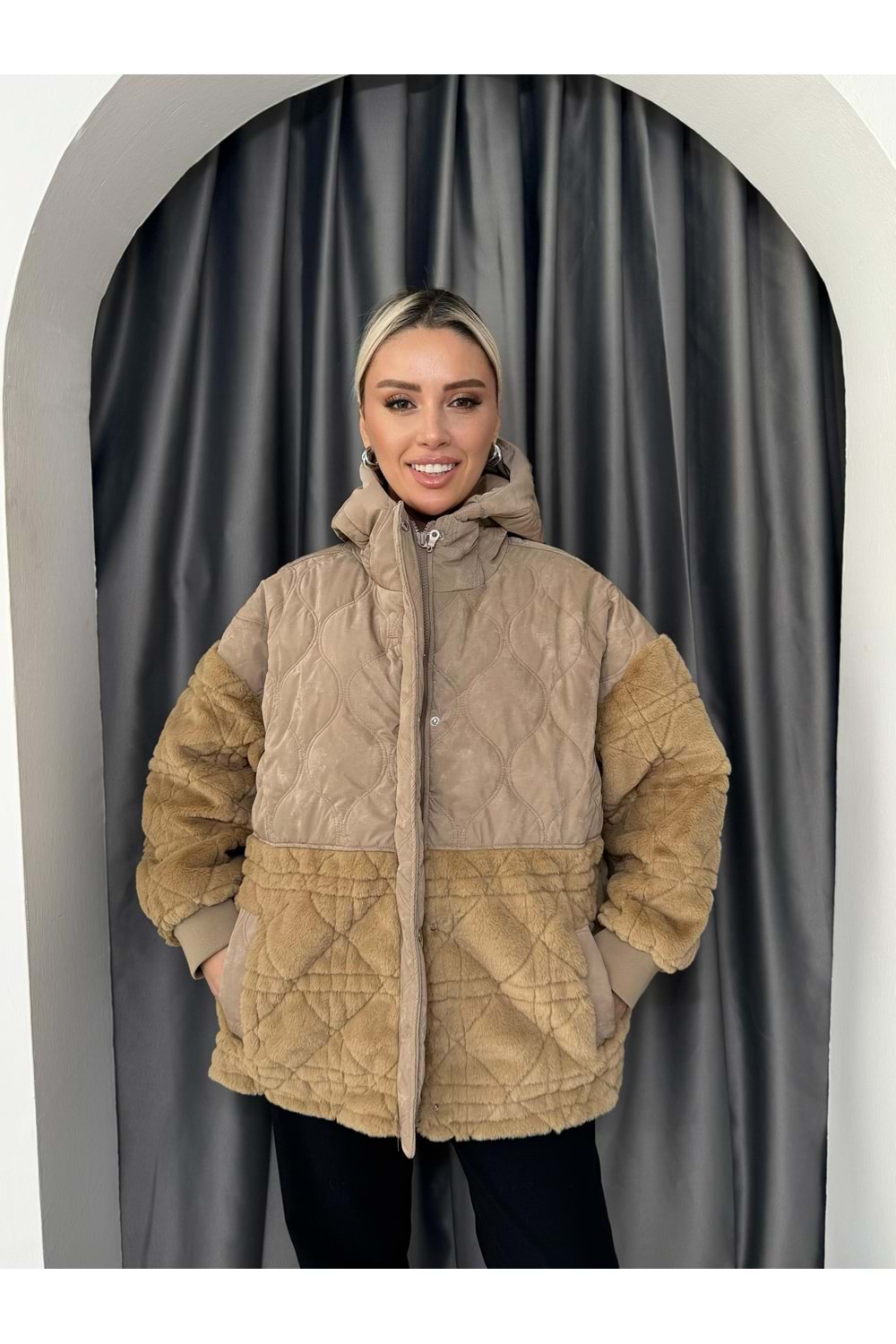 Kapşonlu Süet Peluş Mont 06066 - Sütlü Kahve - S-M - AZRA05059-Sütlü Kahve-S-M