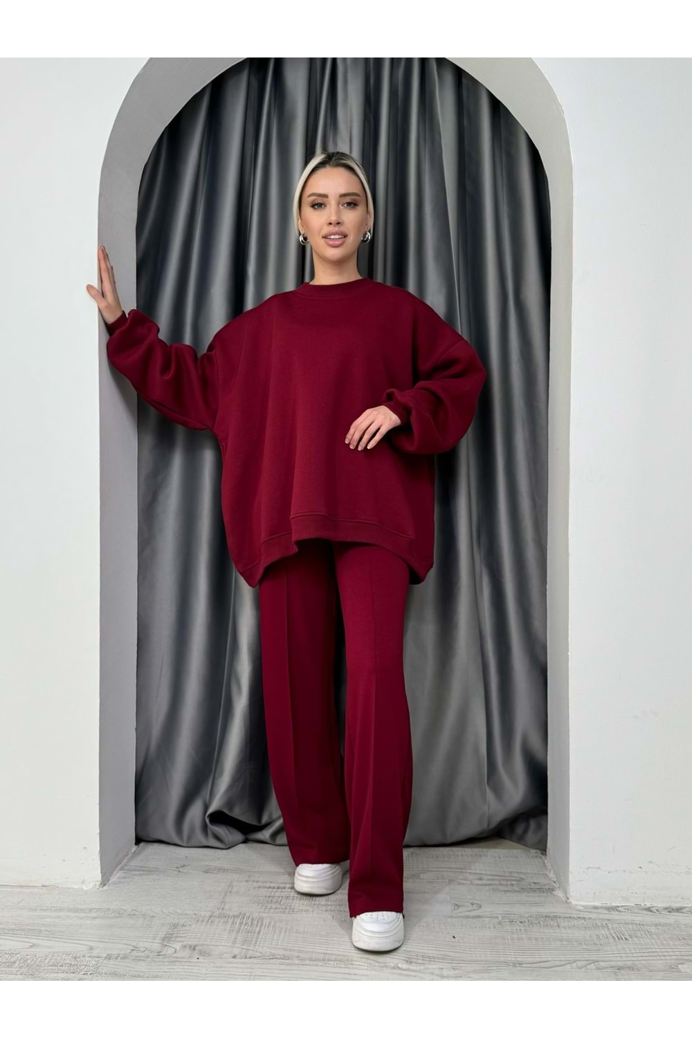 3 İplik Oversize Sweat 25291 - Bordo - TEK BEDEN - AZRA05087-Bordo-TEK BEDEN