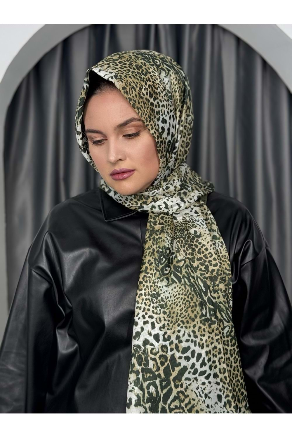 Küçük Leopar Desen Soft Şal 2269 - Haki - TEK BEDEN - AZRA05095-Haki-TEK BEDEN