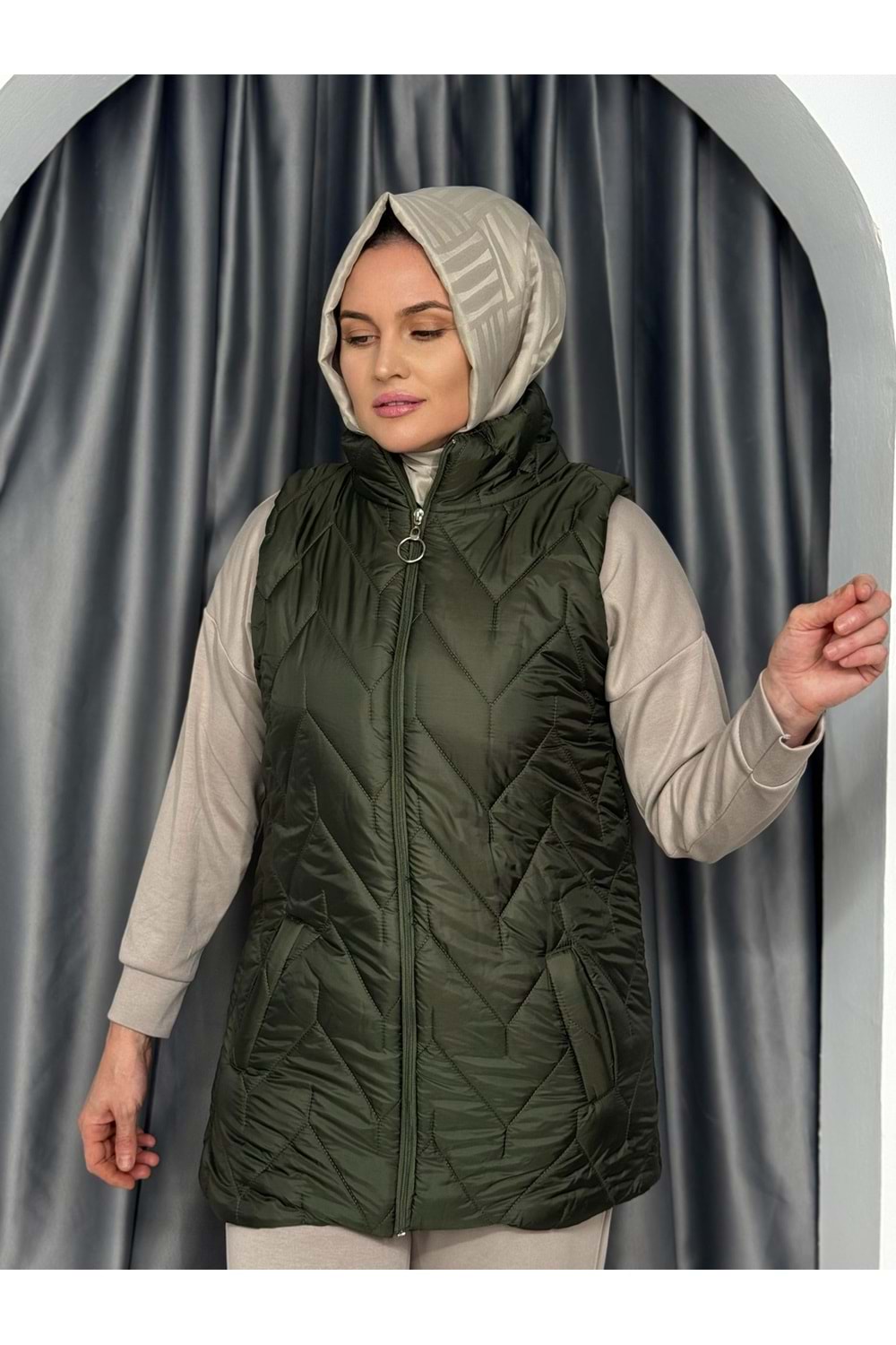 Zikzak Desenli Şişme Yelek 4578 - Haki - M