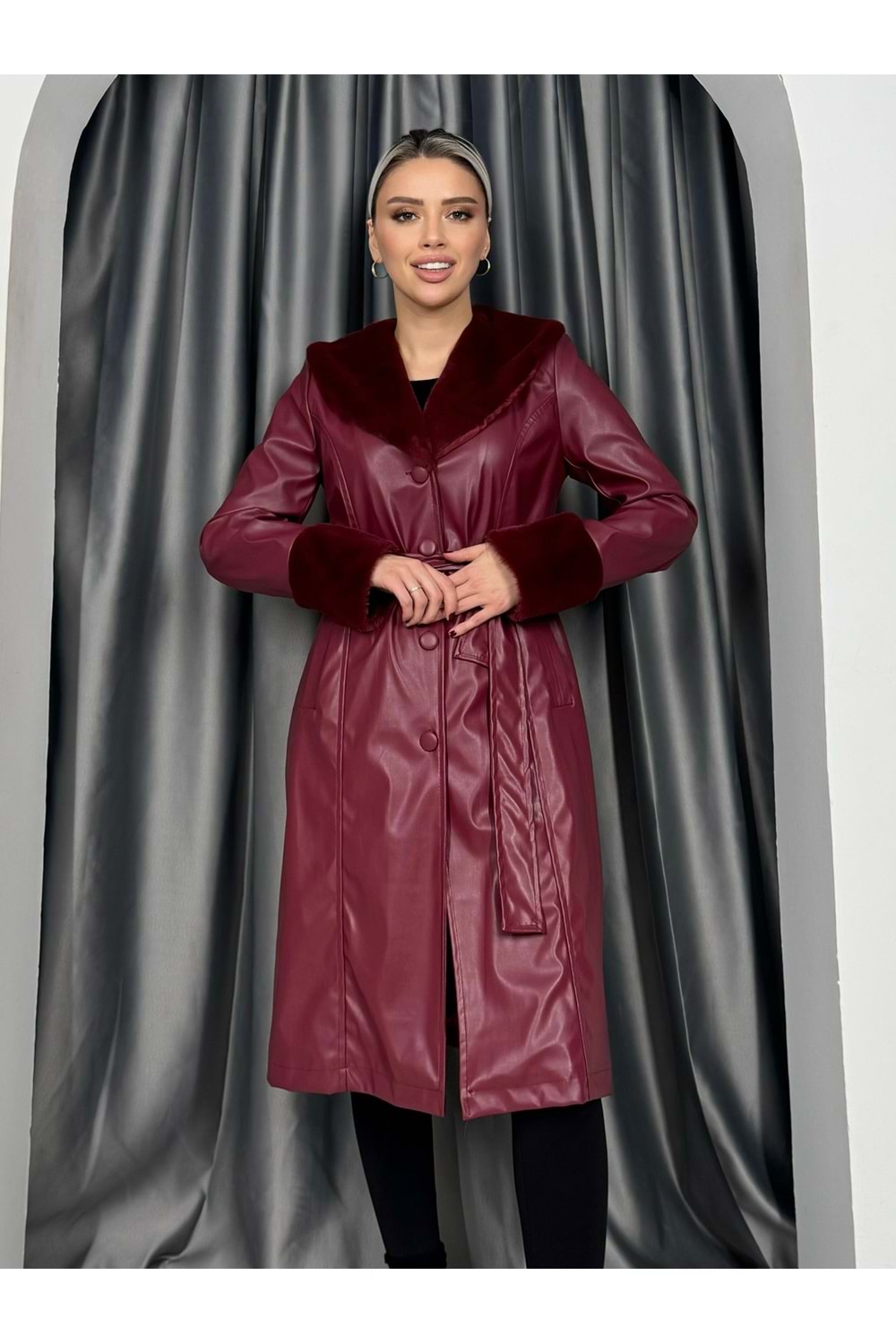 Yakası Ve Kolları Kürklü Deri Trenç 1852 - Bordo - 42 - AZRA05128-Bordo-42