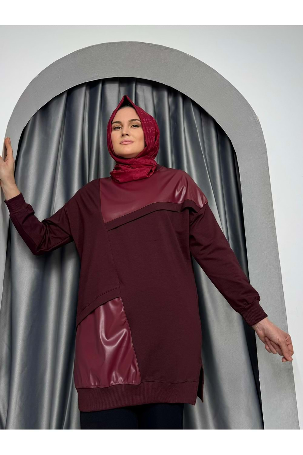 Deri Detaylı 2 İplik Tunik 25299 - Bordo - L-XL