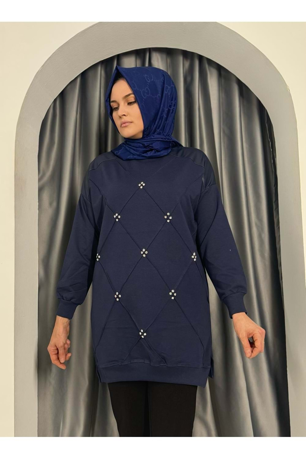 Omuzları Deri Taşlı Tunik 25298 - Lacivert - L-XL