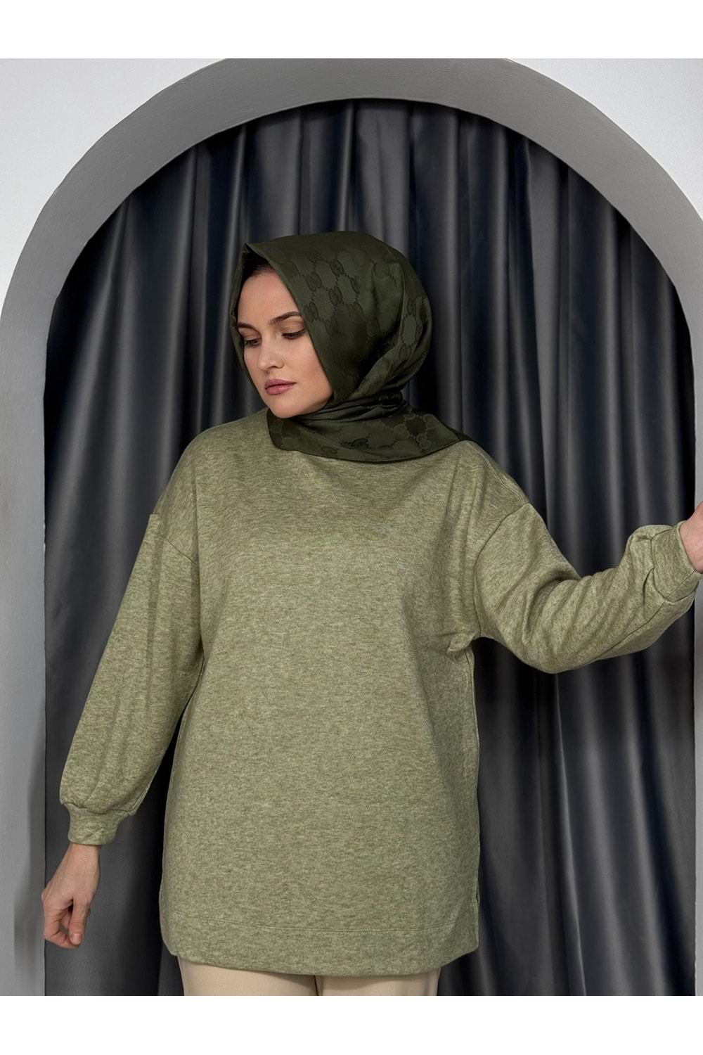 İkoll Oversize Melanj Tunik 31355 - Haki - TEK BEDEN