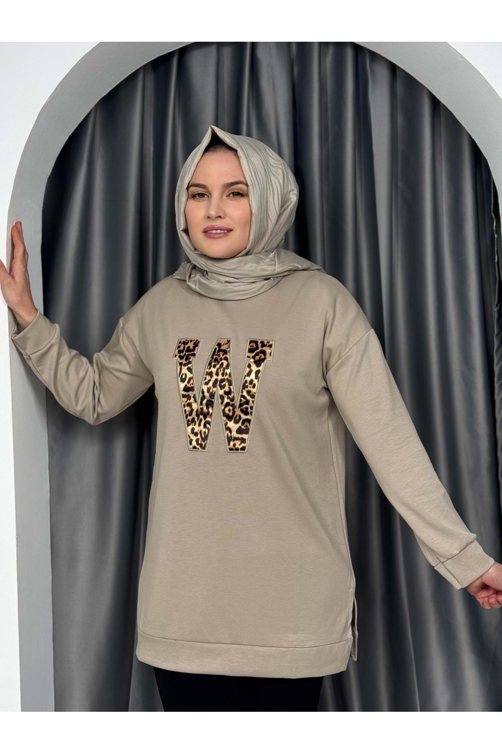 W Leopar Nakışlı Oysho Yırtmaçlı Tunik 760 - Bej - L-XL