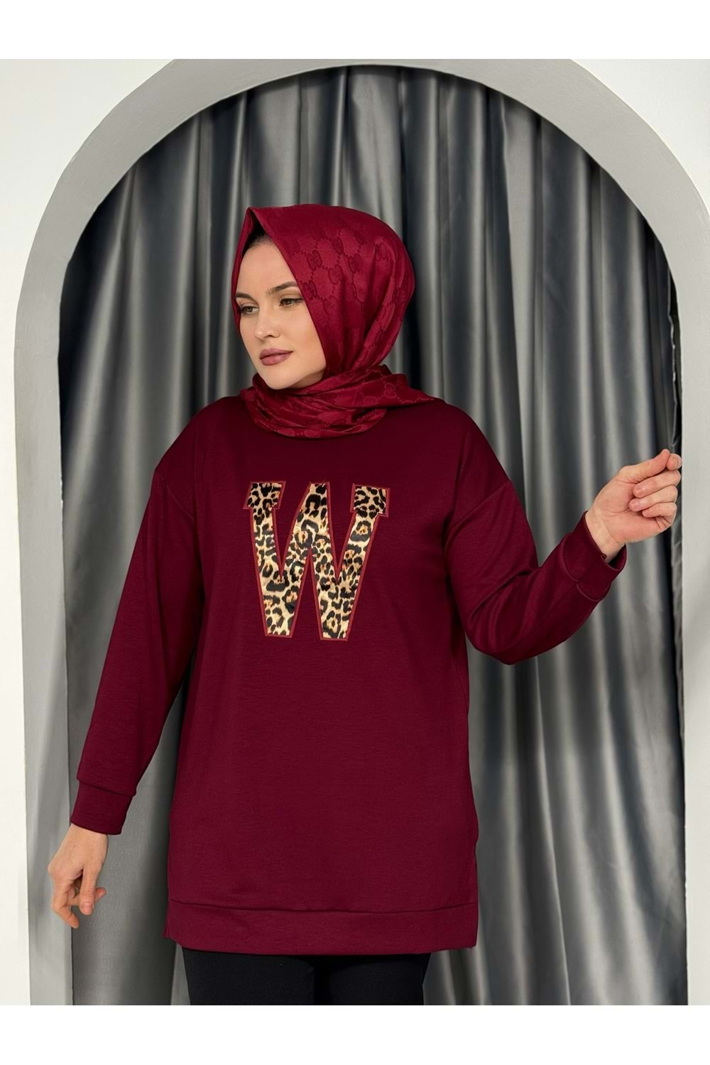 W Leopar Nakışlı Oysho Yırtmaçlı Tunik 760 - Bordo - L-XL