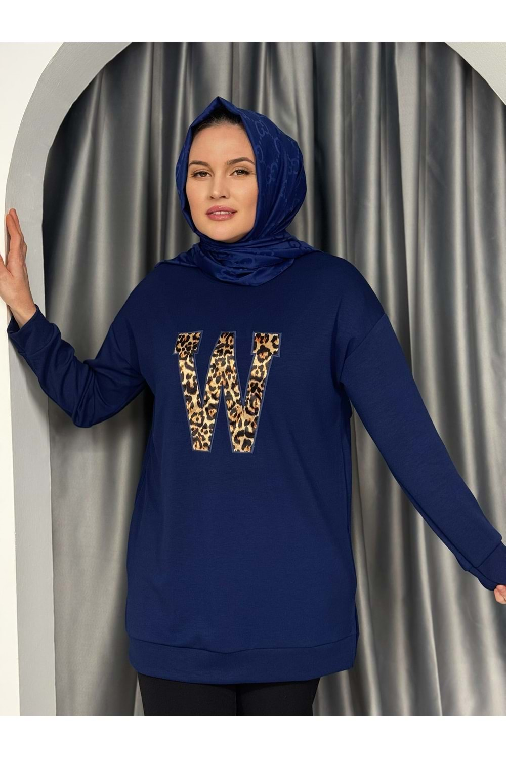 W Leopar Nakışlı Oysho Yırtmaçlı Tunik 760 - Lacivert - L-XL