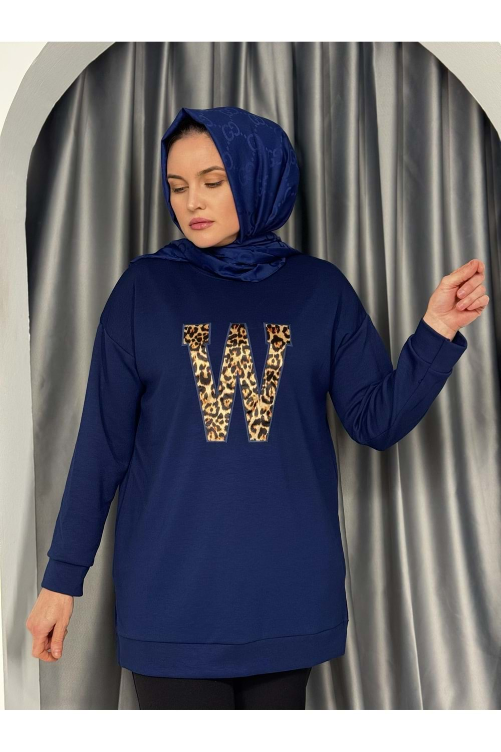 W Leopar Nakışlı Oysho Yırtmaçlı Tunik 760 - Lacivert - L-XL