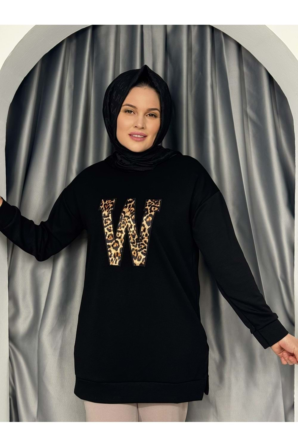 W Leopar Nakışlı Oysho Yırtmaçlı Tunik 760 - Siyah - L-XL