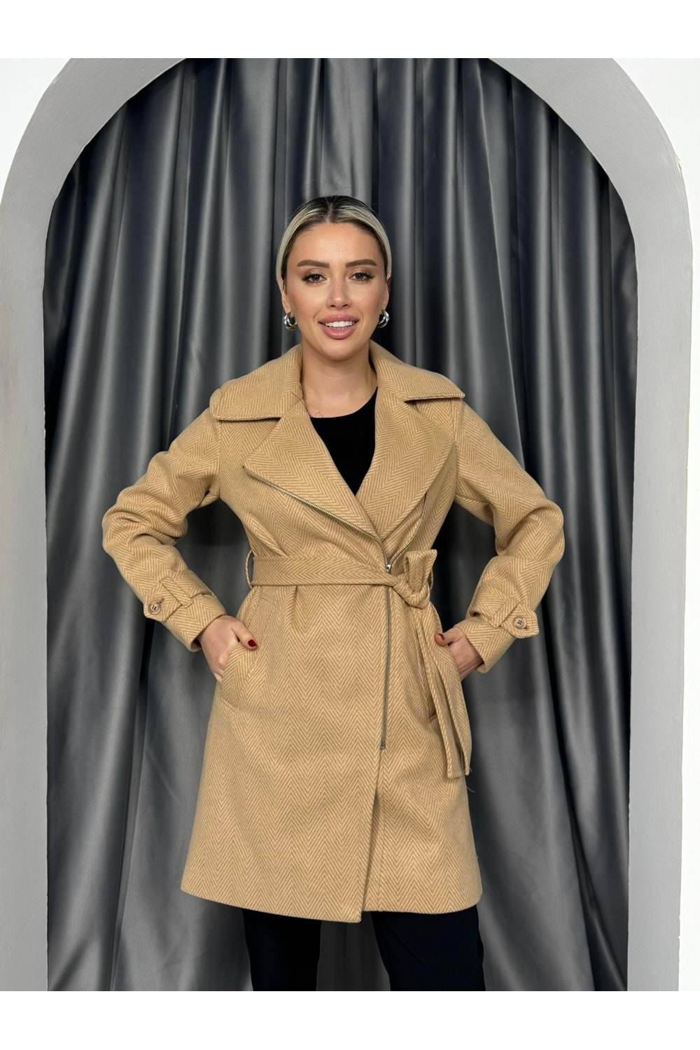 İkoll Balıksırtı Kaşe Kaban 33875 - Camel - M - AZRA05187-Camel-M