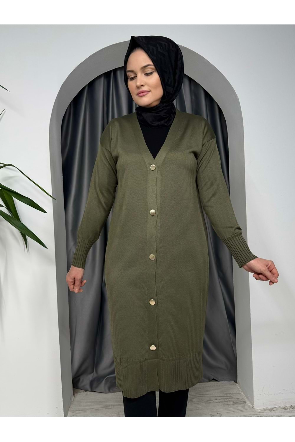 Düz Soğuk Merserize Hırka 35023 - Haki - TEK BEDEN