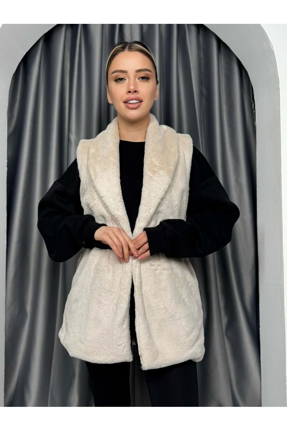 Peluş Yakalı Yelek 8592 - azra fashion - Bej - L-XL