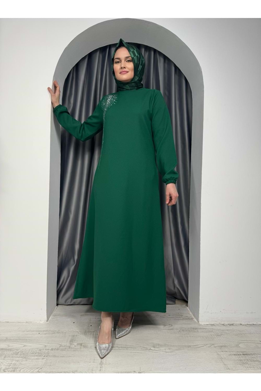 Yanı Yapraklı Elbise 1718 - Yeşil - 38-40 - AZRA05280-44750
