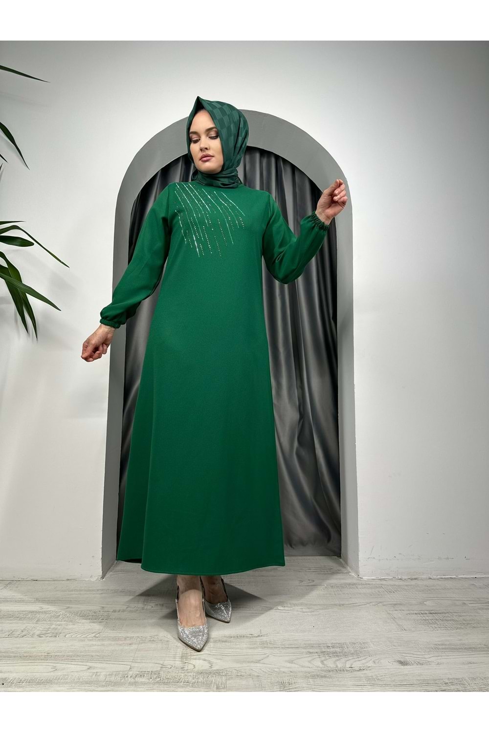 Yan Çizgili Elbise 1723 - Yeşil - 38-40 - AZRA05281-43828