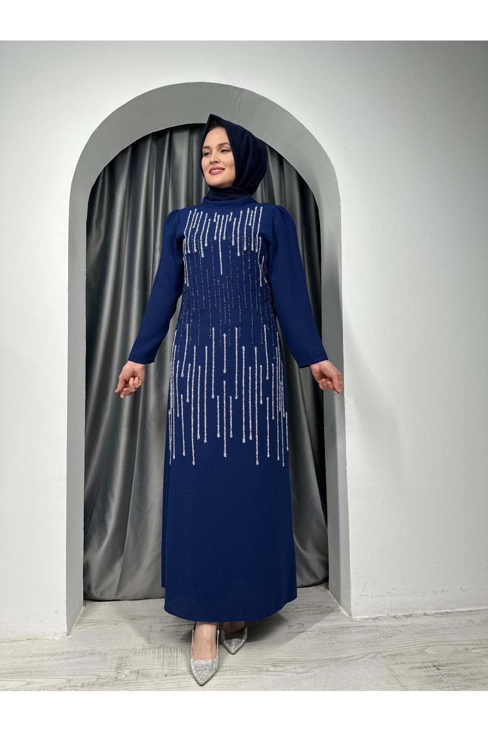 Önü Taşlı Abiye Elbise 1123 - Lacivert - 44 - AZRA05320-44343
