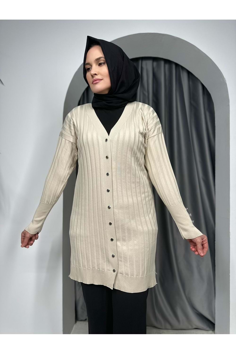 Çizgili Merserize Hırka 3179 - Bej - TEK BEDEN - AZRA05355-45145