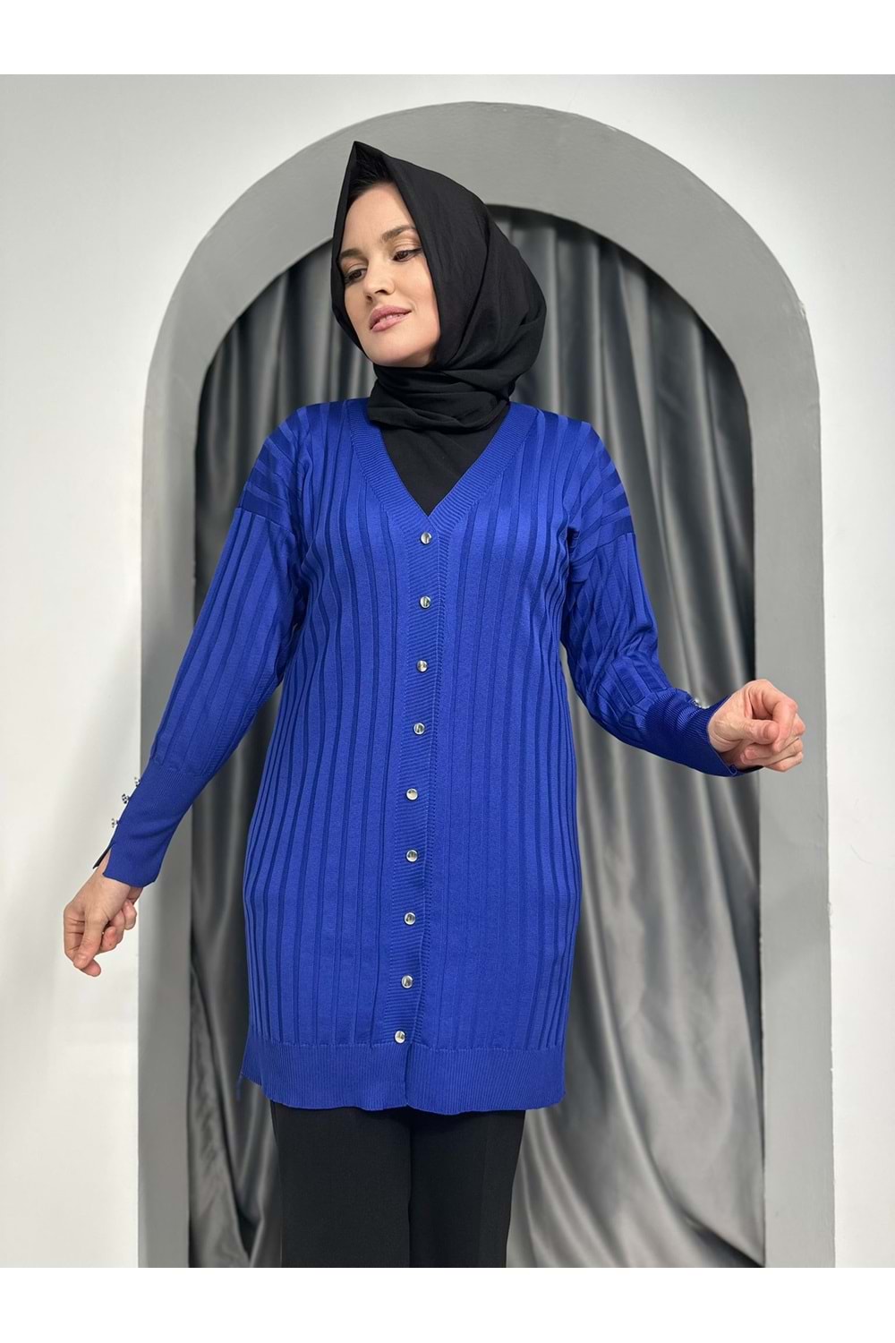 Çizgili Merserize Hırka 3179 - Saks Mavi - TEK BEDEN - AZRA05355-45146