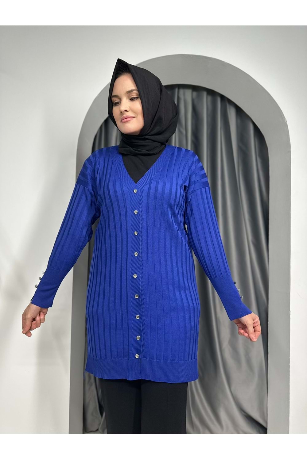 Çizgili Merserize Hırka 3179 - Saks Mavi - TEK BEDEN - AZRA05355-45146