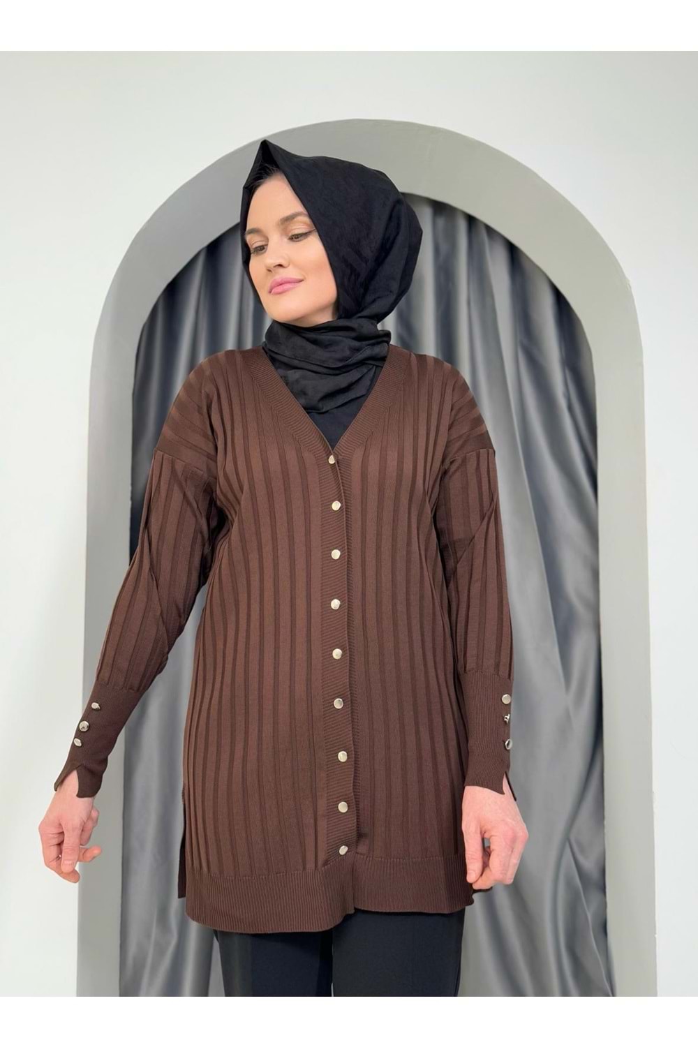 Çizgili Merserize Hırka 3179 - azra fashion - Acı Kahve - TEK BEDEN