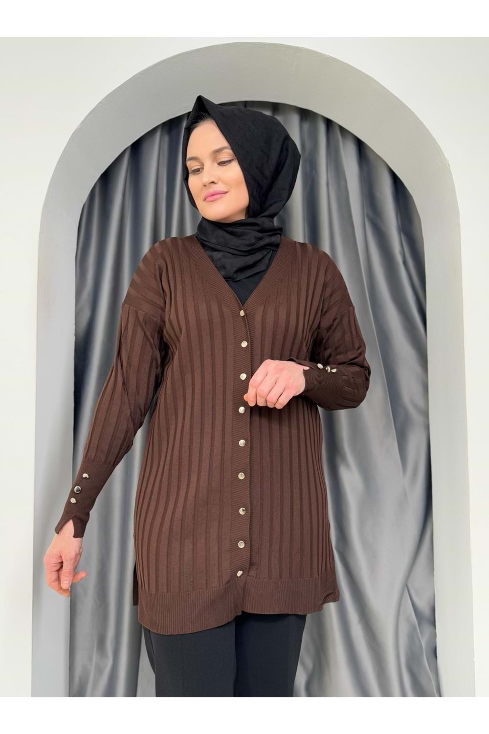 Çizgili Merserize Hırka 3179 - azra fashion - Acı Kahve - TEK BEDEN