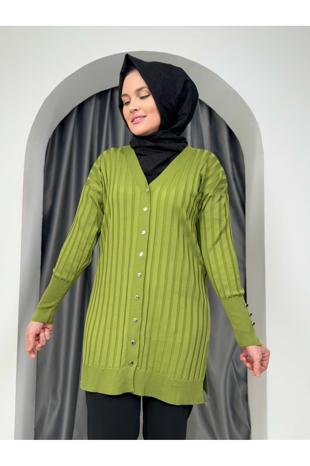 Çizgili Merserize Hırka 3179 - azra fashion - Fıstık Yeşili - TEK BEDEN