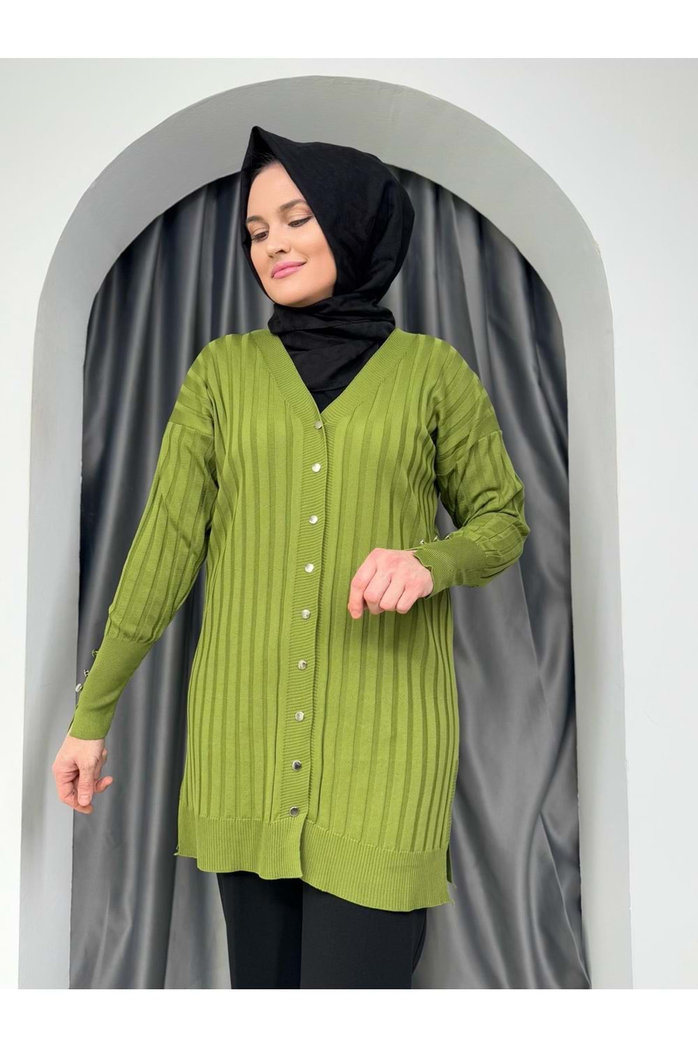 Çizgili Merserize Hırka 3179 - azra fashion - Fıstık Yeşili - TEK BEDEN