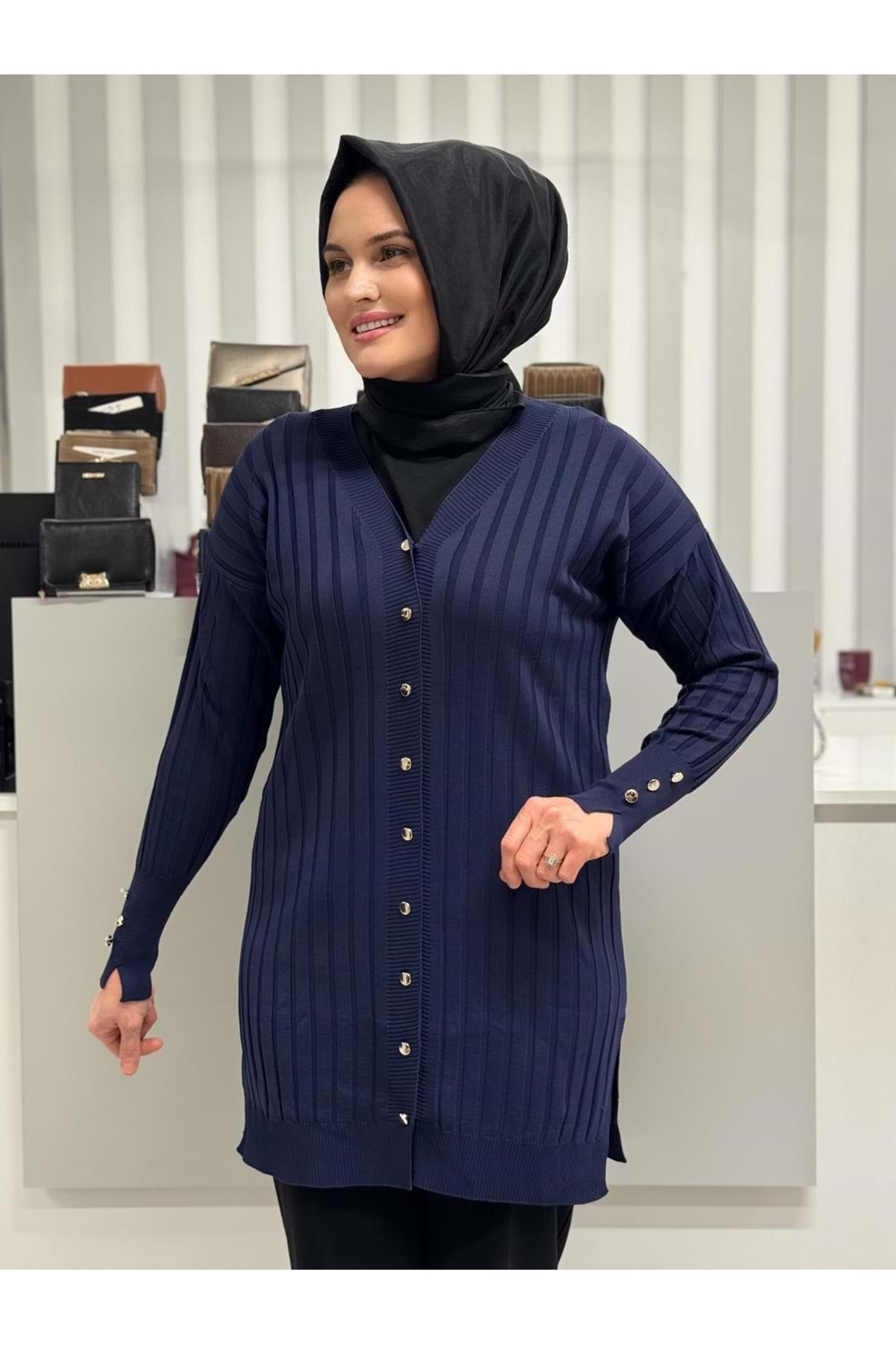 Çizgili Merserize Hırka 3179 - Lacivert - TEK BEDEN - AZRA05355-58680