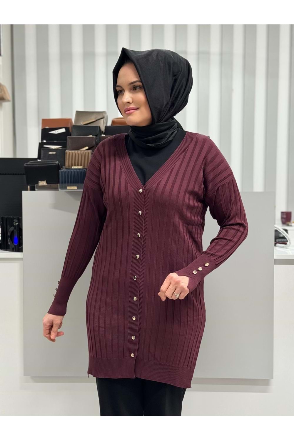 Çizgili Merserize Hırka 3179 - Mürdüm - TEK BEDEN - AZRA05355-58681