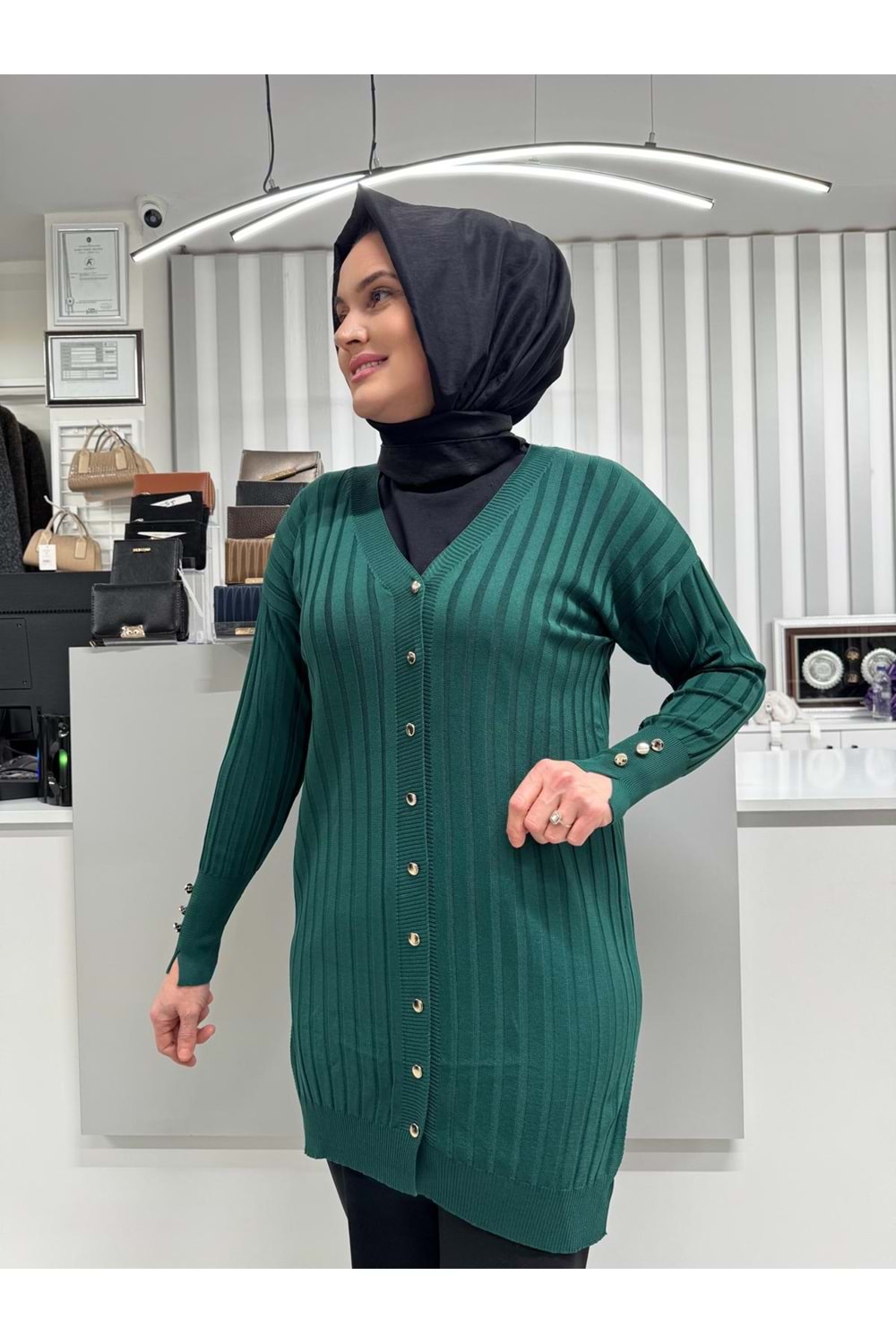 Çizgili Merserize Hırka 3179 - Zümrüt Yeşili - TEK BEDEN - AZRA05355-58682