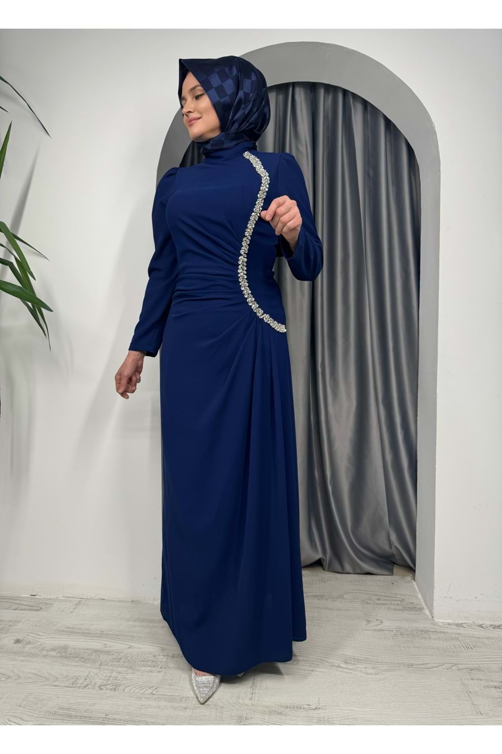 Taş Detaylı Drape Elbise 4657 - Lacivert - 48 - AZRA05367-44851