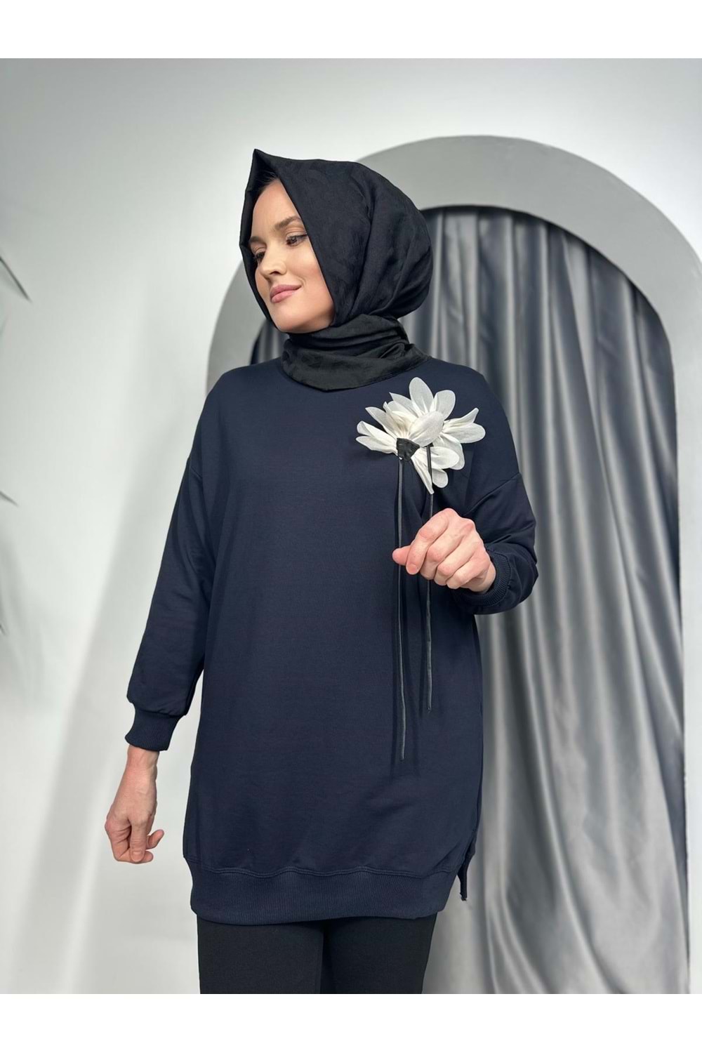 Önü Çiçek Detaylı Tunik 25337 - Lacivert - S-M - AZRA05403-45157