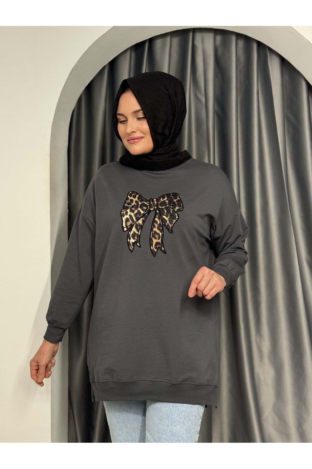 Leopar Fiyonk Detaylı Tunik 25874 - Füme - S-M - AZRA05415-45360