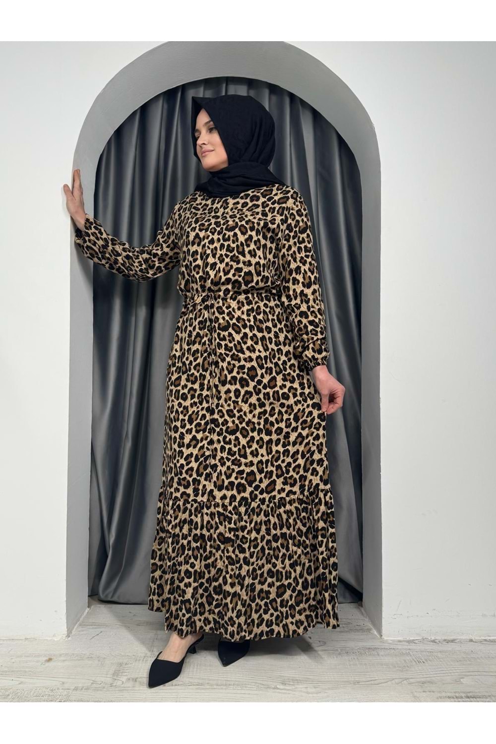 Kolları Lastikli Leopar Elbise 7889 - Kahve Rengi - 40-42 - AZRA05420-45430