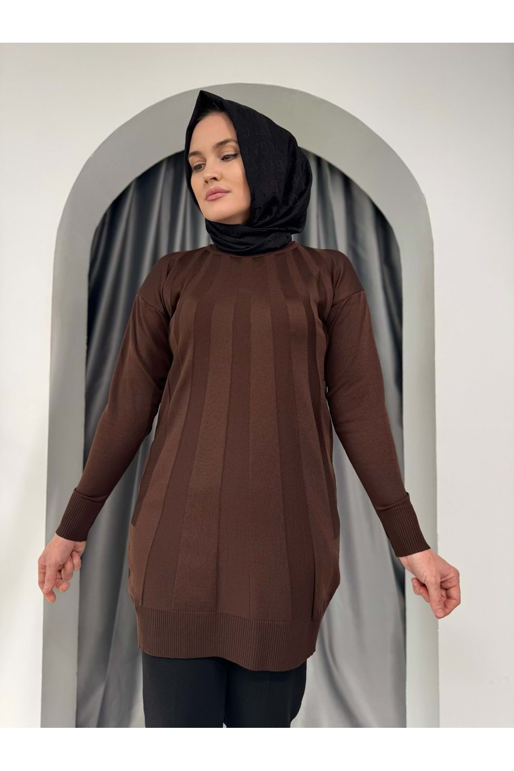 Büyük Şeritli Merserize Tunik 3190 - Acı Kahve - TEK BEDEN - AZRA05422-45445