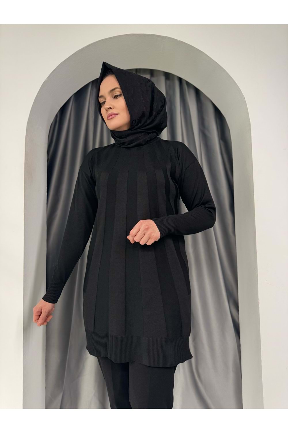 Büyük Şeritli Merserize Tunik 3190 - Siyah - TEK BEDEN - AZRA05422-45453