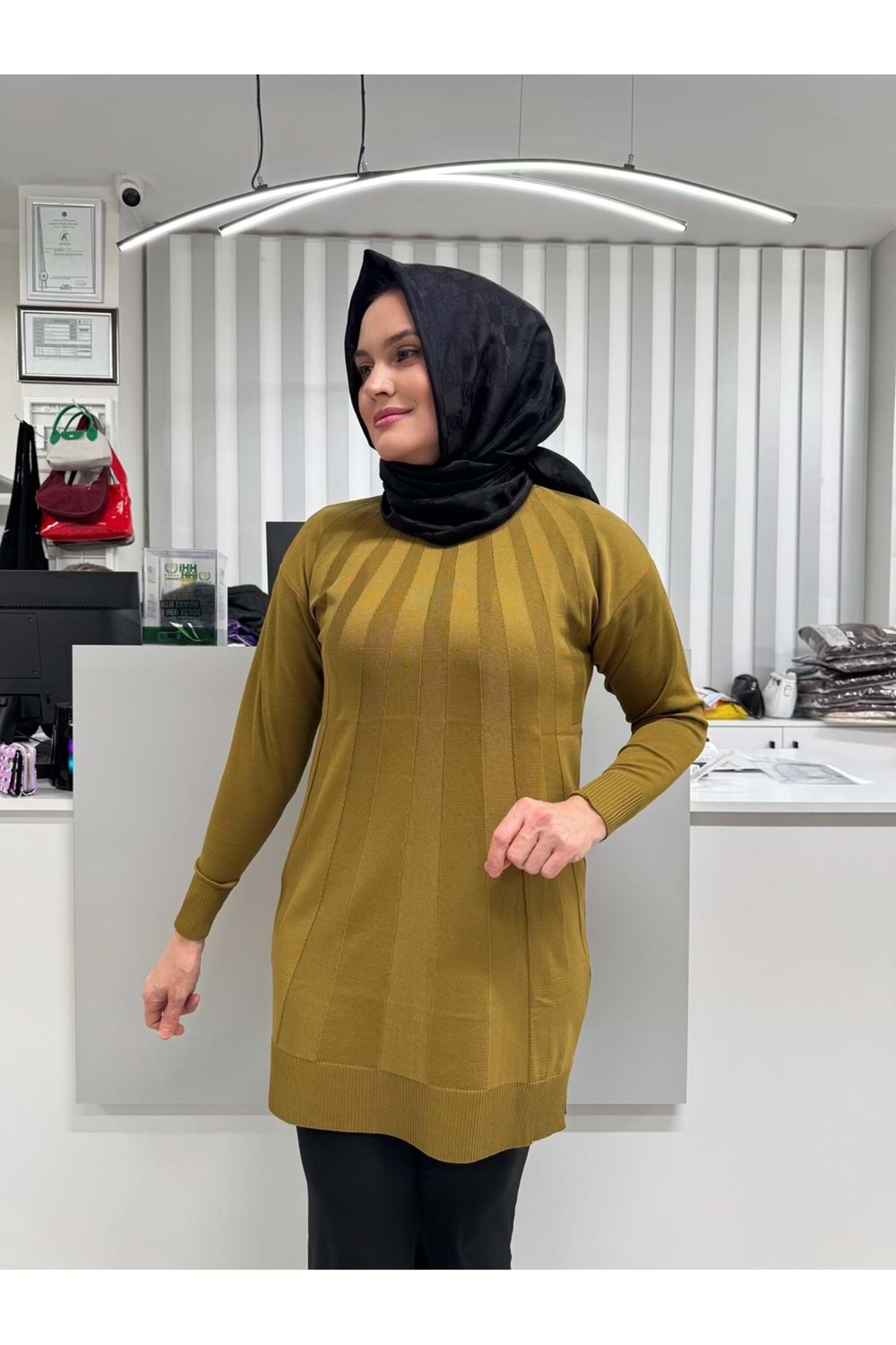 Büyük Şeritli Merserize Tunik 3190 - Yağ Yeşili - TEK BEDEN