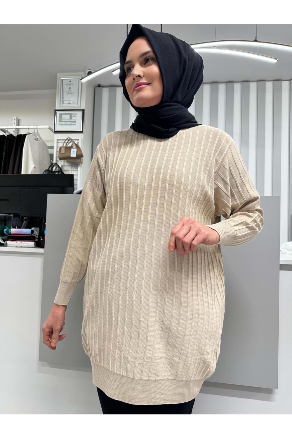 Çıtalı Merserize Tunik 3185 - Bej - TEK BEDEN - AZRA05424-45466