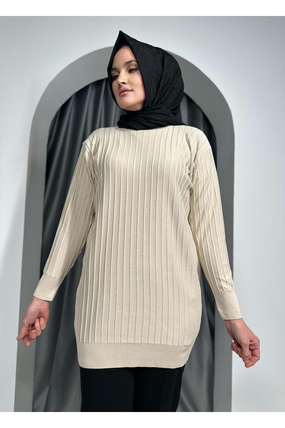 Çıtalı Merserize Tunik 3185 - Bej - TEK BEDEN - AZRA05424-45466