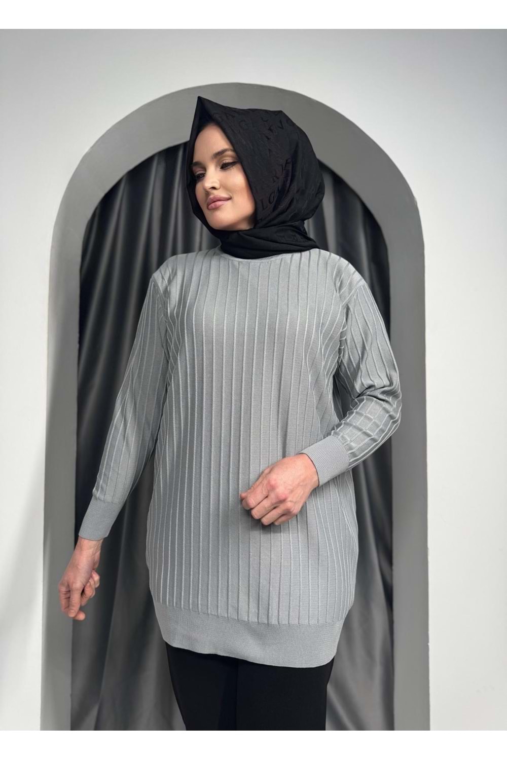 Çıtalı Merserize Tunik 3185 - Gri - TEK BEDEN - AZRA05424-45468