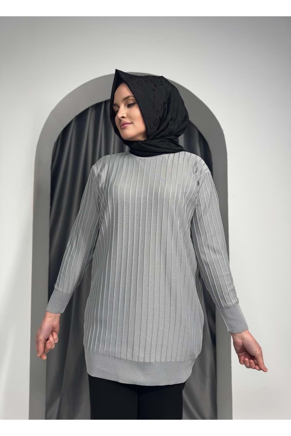 Çıtalı Merserize Tunik 3185 - Gri - TEK BEDEN - AZRA05424-45468