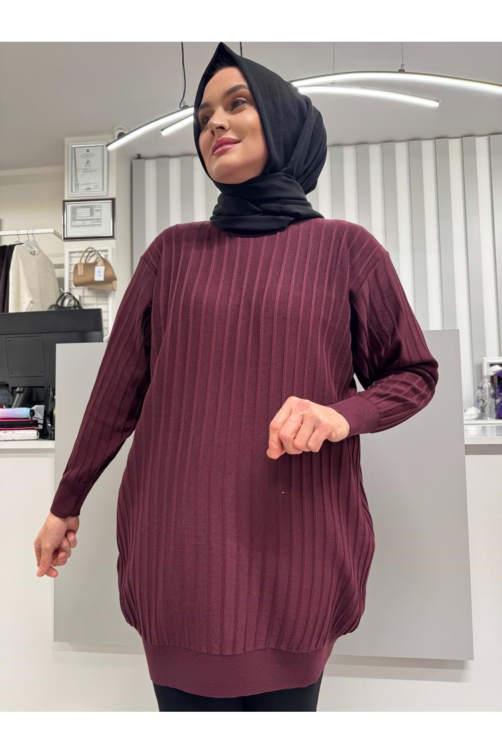 Çıtalı Merserize Tunik 3185 - Mürdüm - TEK BEDEN - AZRA05424-57325