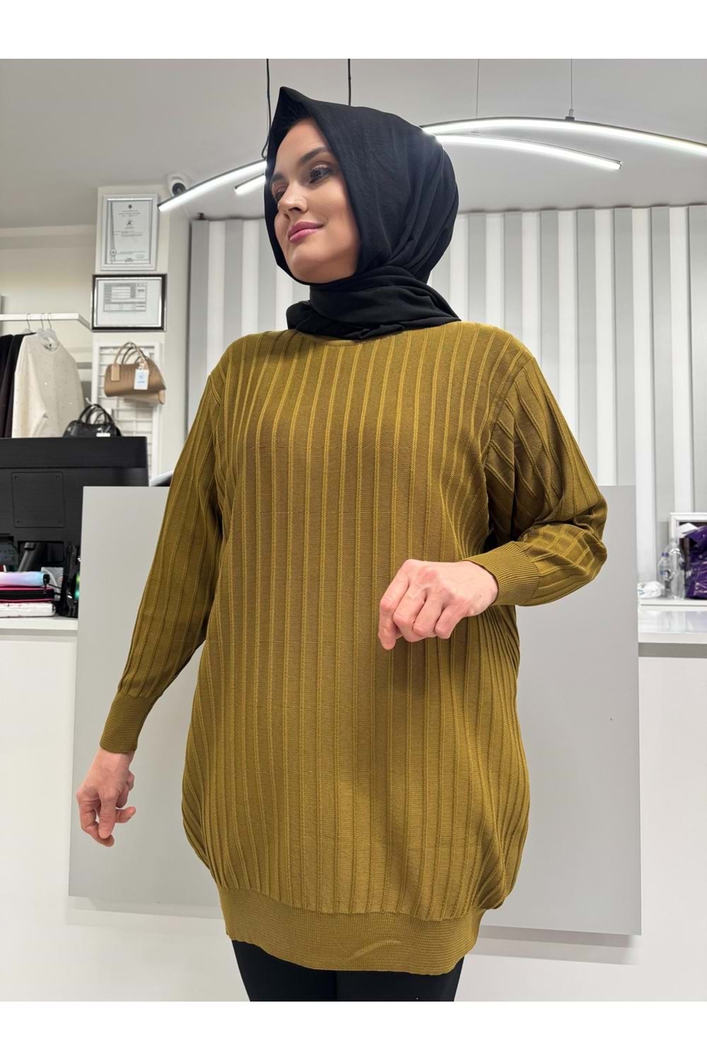 Çıtalı Merserize Tunik 3185 - Yağ Yeşili - TEK BEDEN - AZRA05424-57327