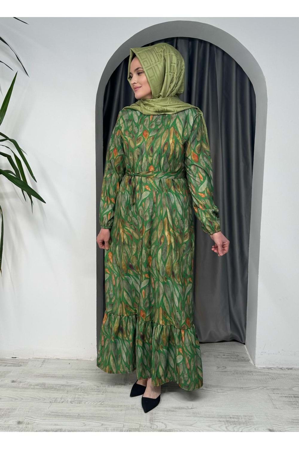 Yaprak Desenli Elbise 1608 - azra fashion - Yeşil - 40-42 - AZRA05429-45532