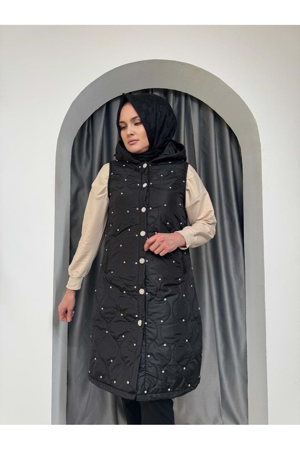 Taşlı Uzun Kapitone Yelek 8031 - Siyah - 38