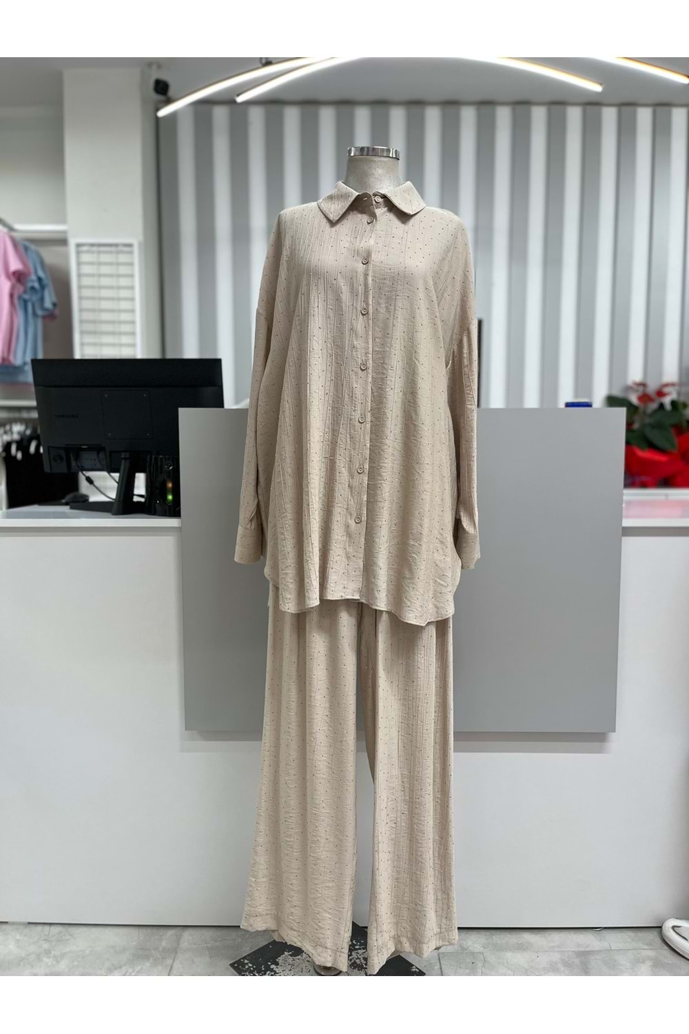 İkoll Taşlı Gömlek Pantolonlu Takım 34620 - Bej - 36 - AZRA05482-45974