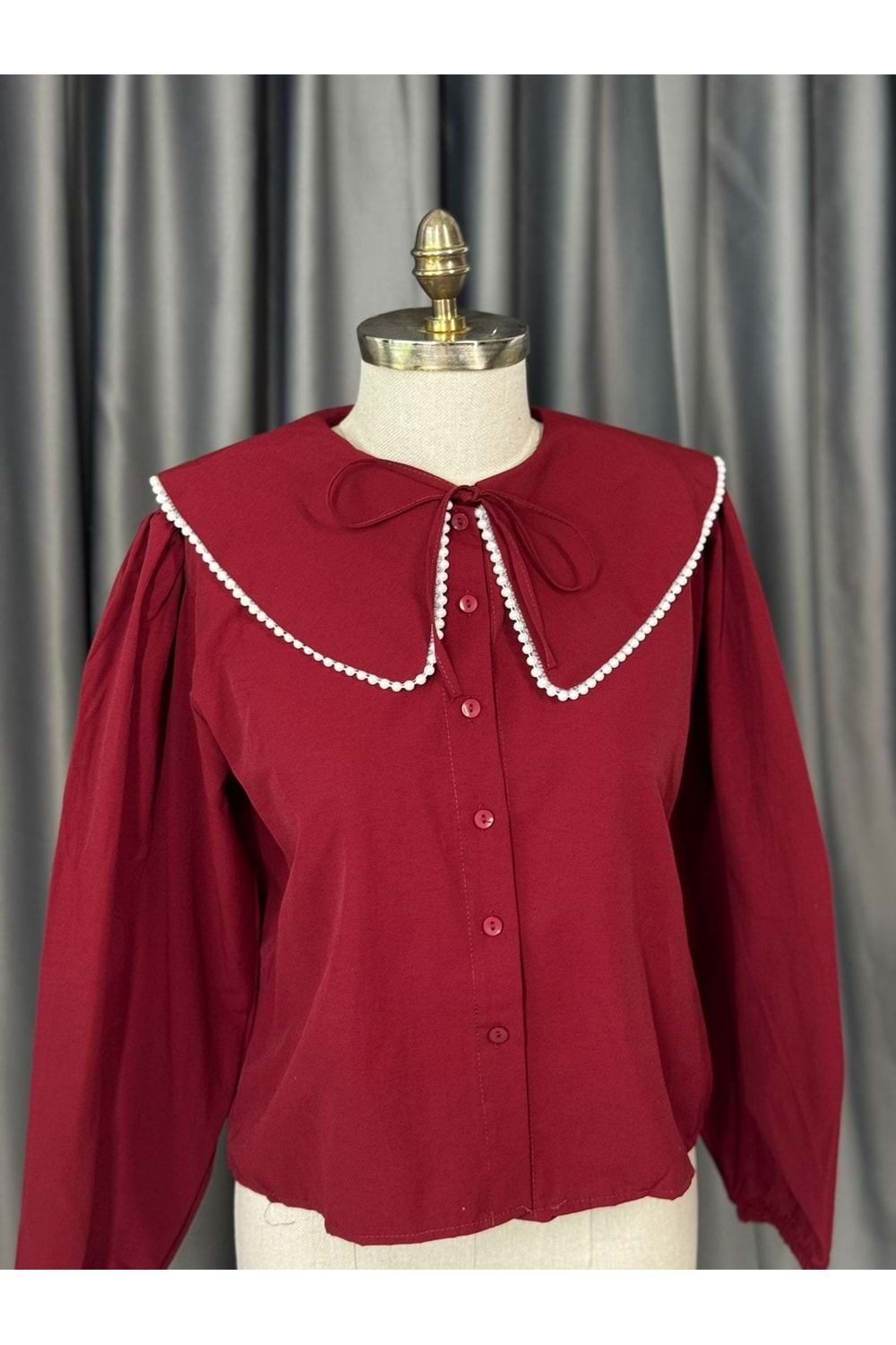 Bebe Yaka İnci Detaylı Crop Gömlek 792 - Bordo - S-M - AZRA05679-46777